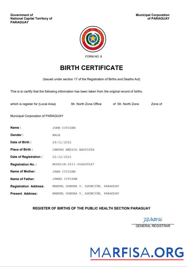 Downloadable Paraguay birth certificate Word and PDF template